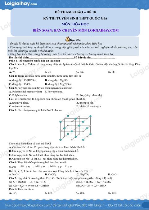 Đề tham khảo thi THPT môn Hóa - Đề số 10 (hay, chi tiết)